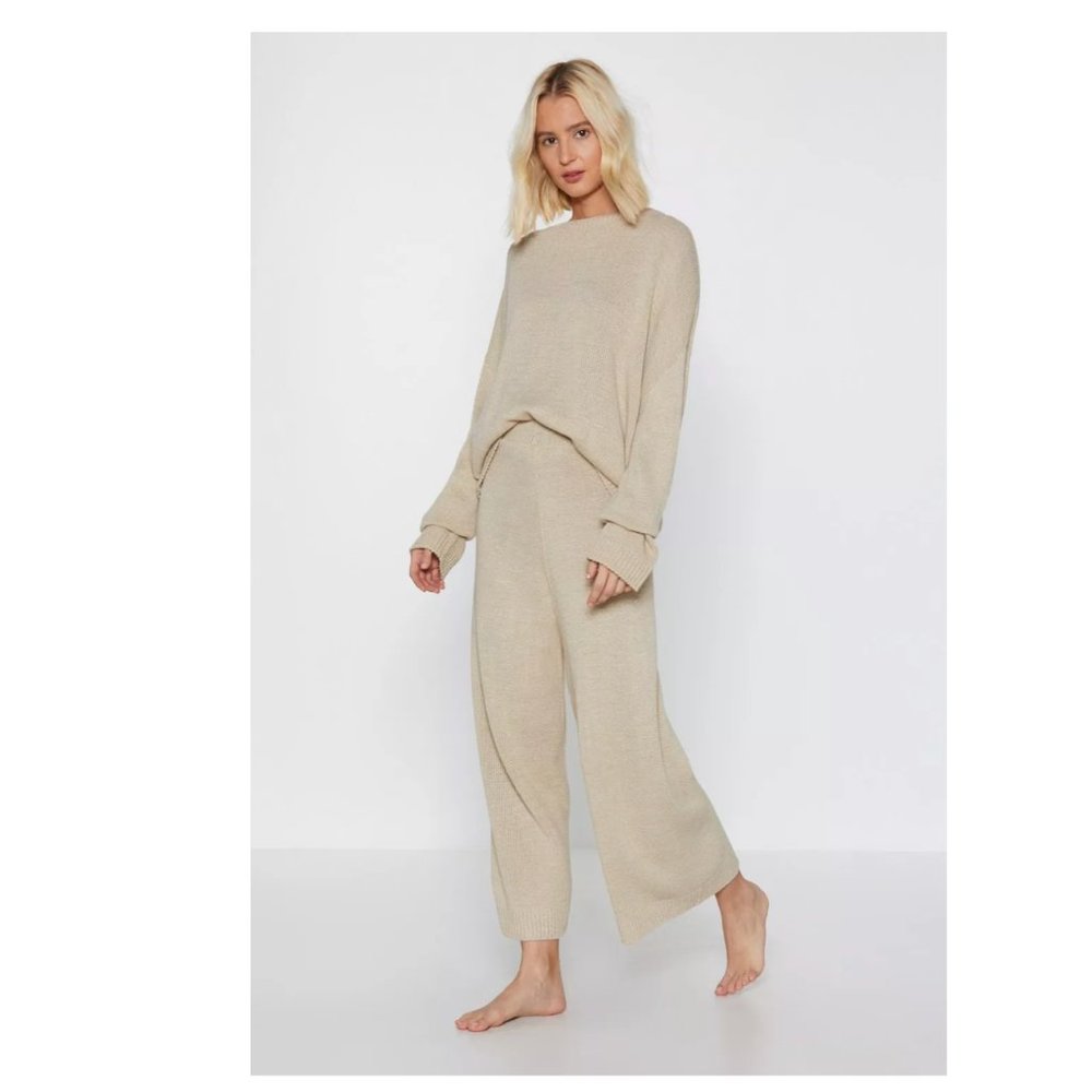 Beige high waisted knit wide leg pants